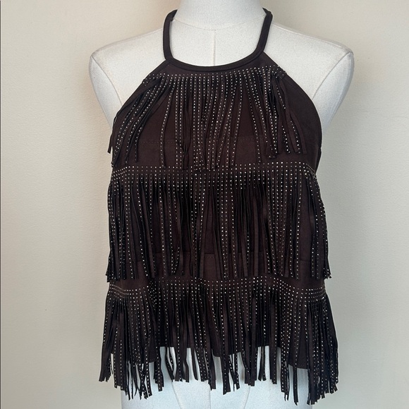 ZARA Dark Brown shimmer faux suede fringe top size large - Picture 6 of 9